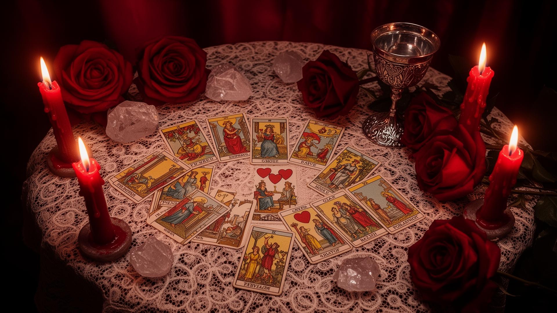 Mesa de leitura de Mãe Ariela com cartas, velas vermelhas e cristais